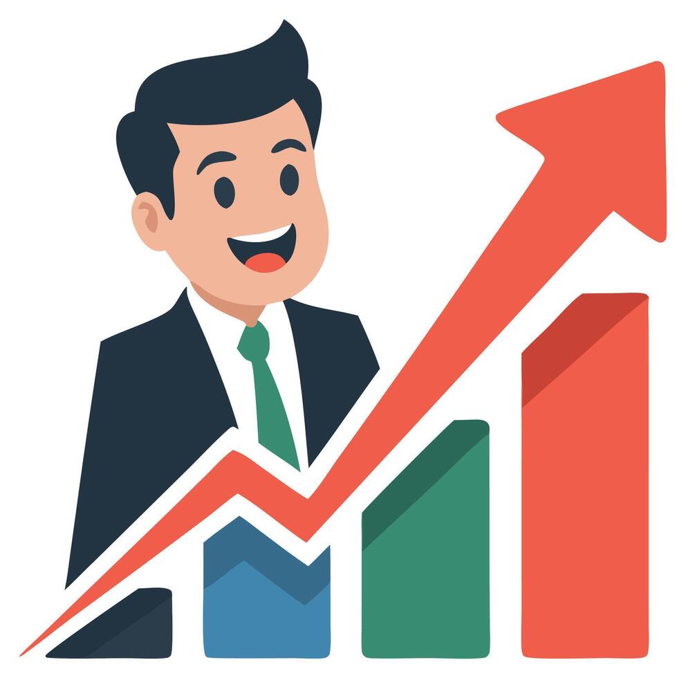 A man in a suit is smiling and pointing up vector