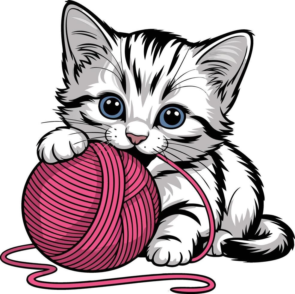 Kitten playing with ball of yarn vector