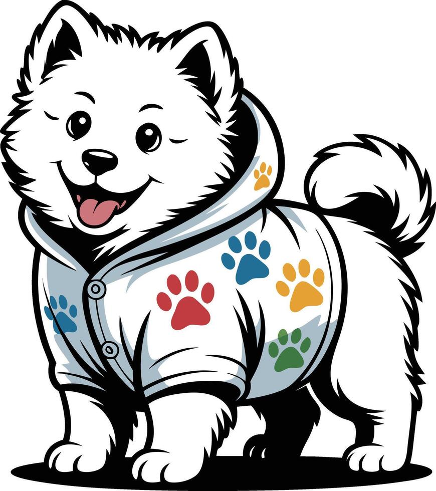 A cartoon dog wearing a hoodie with paw prints vector