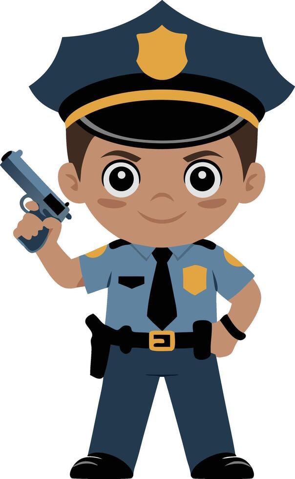 Cartoon police officer holding gun and pointing at the camera vector