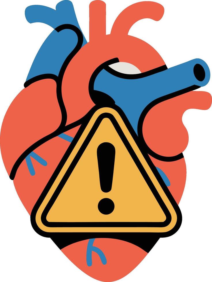 An image of a human heart with a caution sign vector