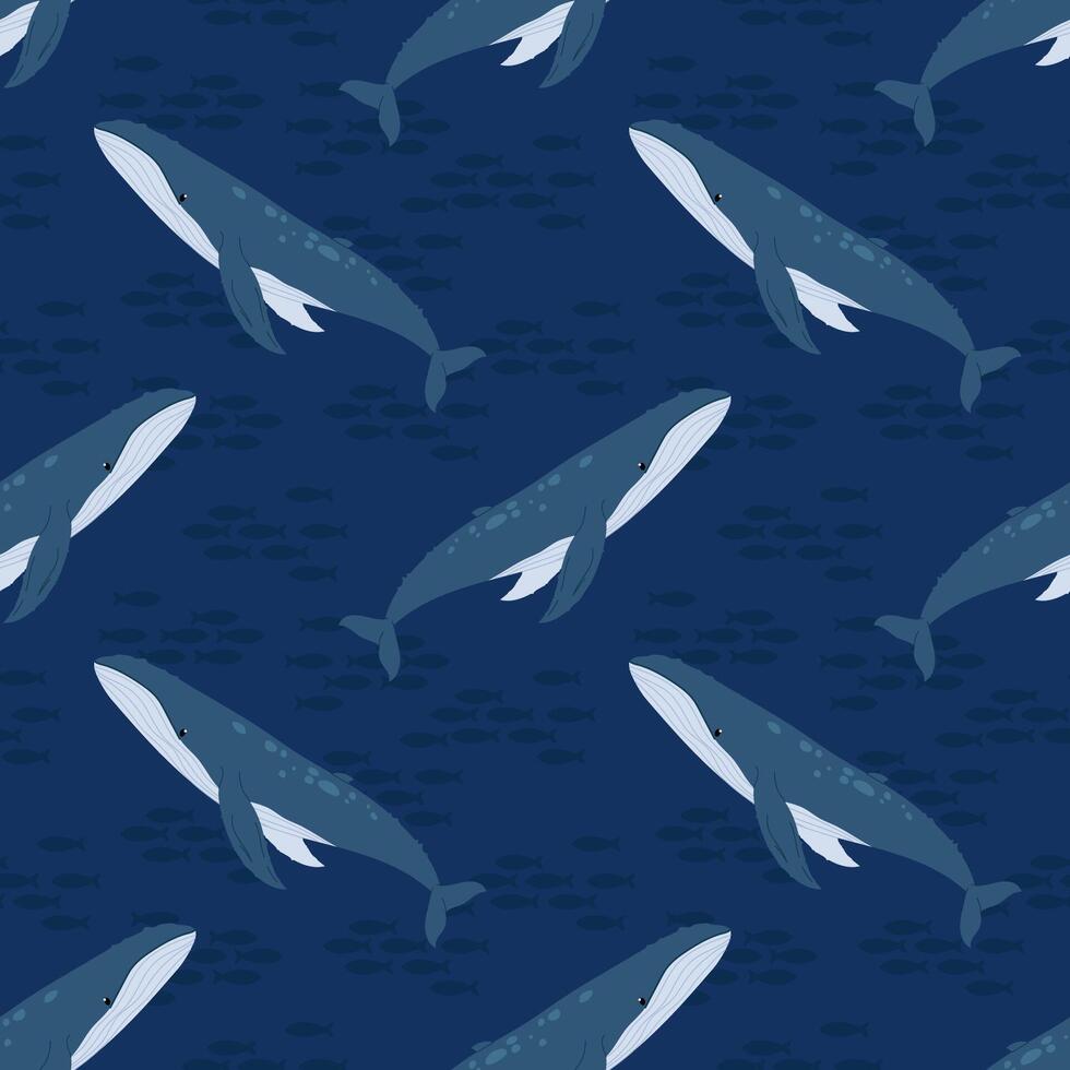 Seamless pattern with blue whale on deep background. For seafood themes, packaging and textile designs. vector
