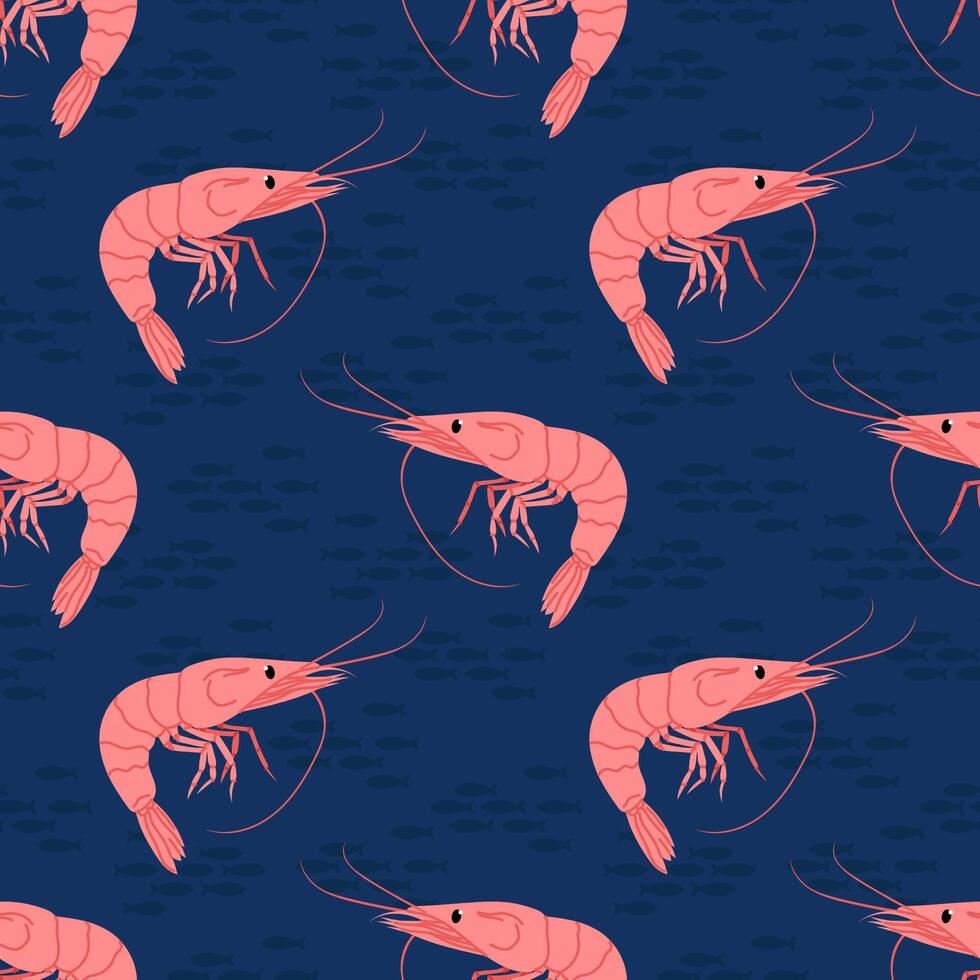 Seamless pattern with cartoon shrimp on deep blue background. For seafood themes, packaging and textile designs. vector