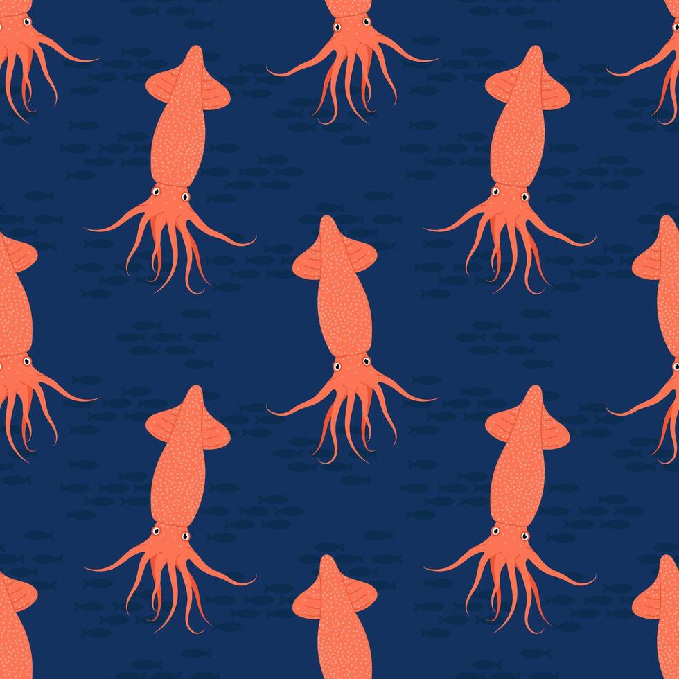 Seamless pattern with cartoon squid on deep blue background. For seafood themes, packaging and textile designs. vector