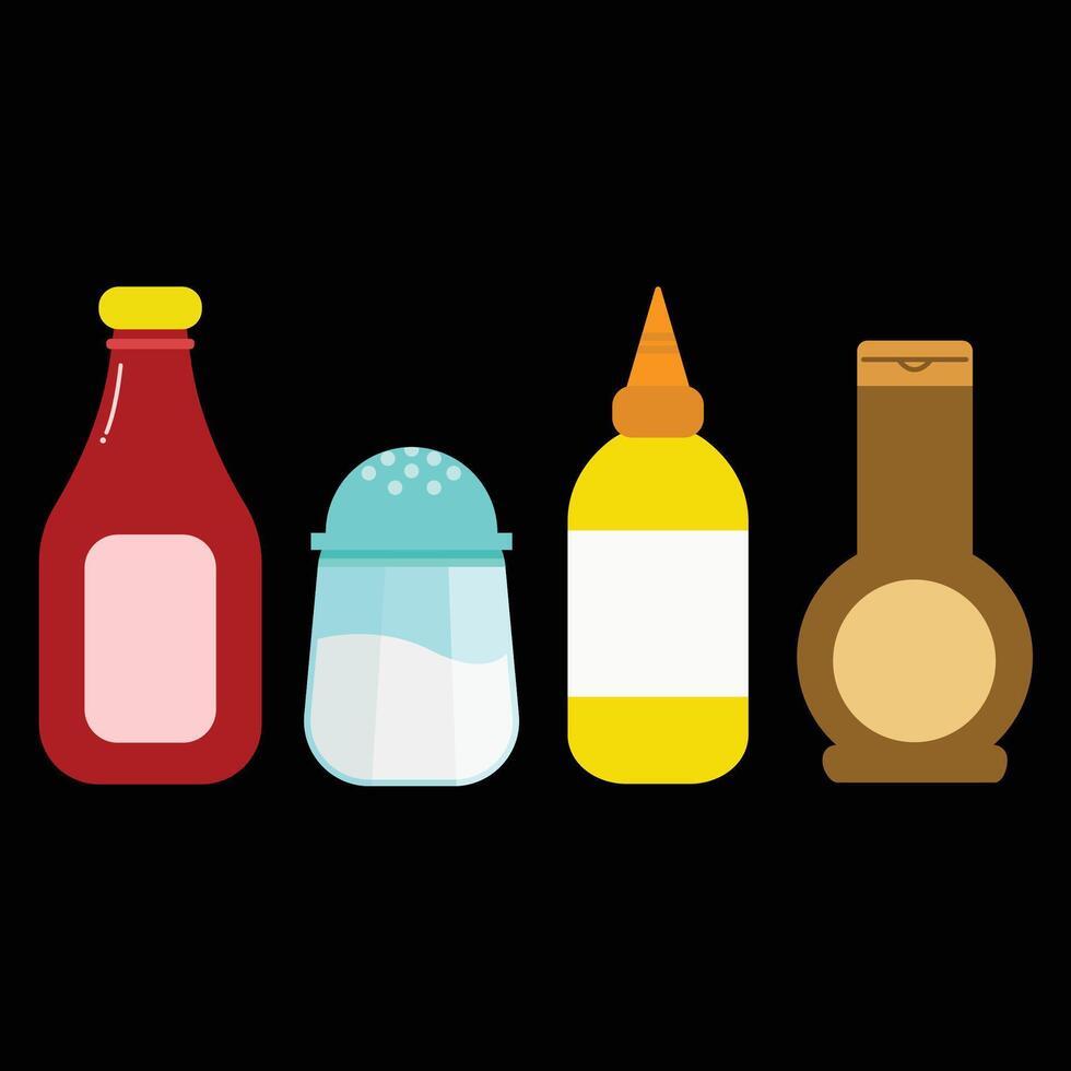 Various spices and sauces for cooking or food. Chili sauce, salt, mayonnaise, mustard, chocolate spread. vector