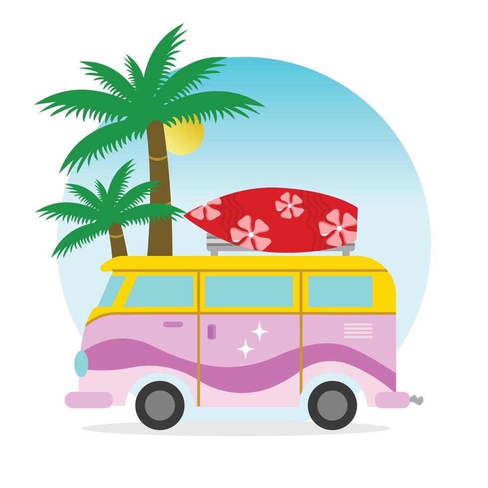 Van on the beach with blue sky vector
