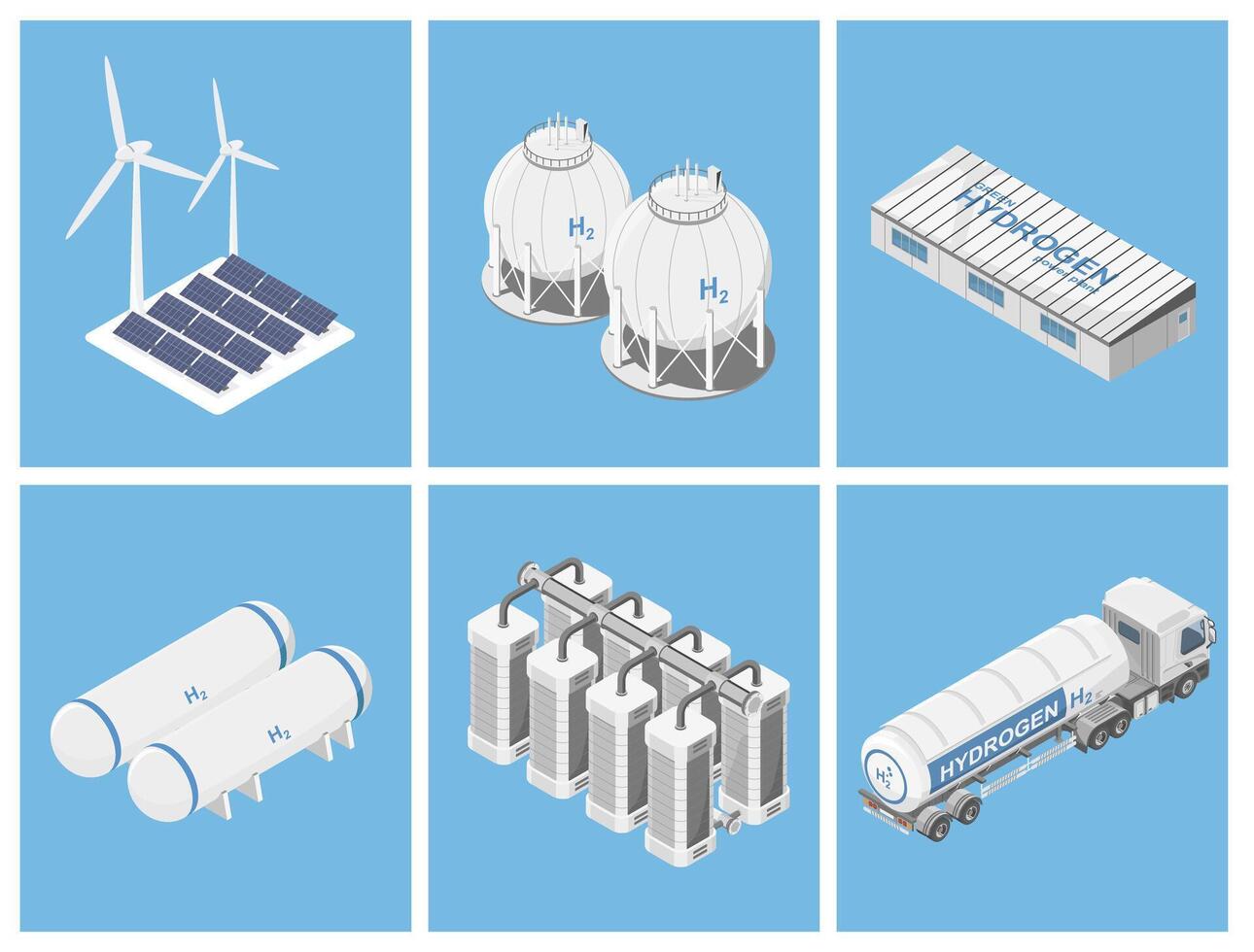 Isometric illustration of hydrogen production storage and distribution process including renewable energy source fuel cells and transport infrastructure vector