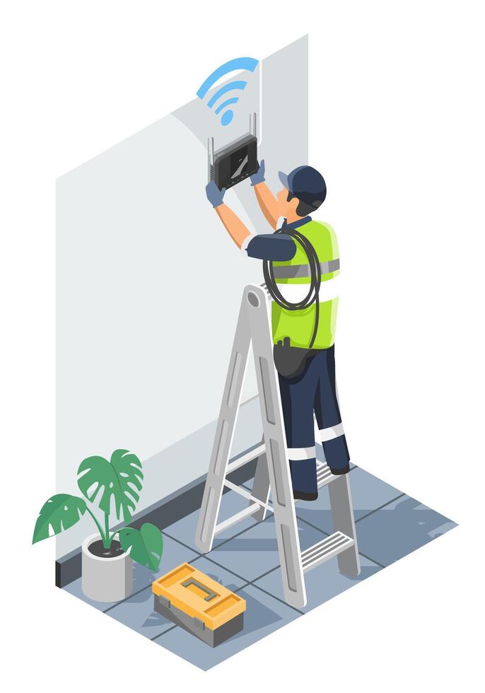Technician installing a WiFi router on an interior wall of a modern home or office while standing on a ladder and wearing safety gear isometric isolated vector