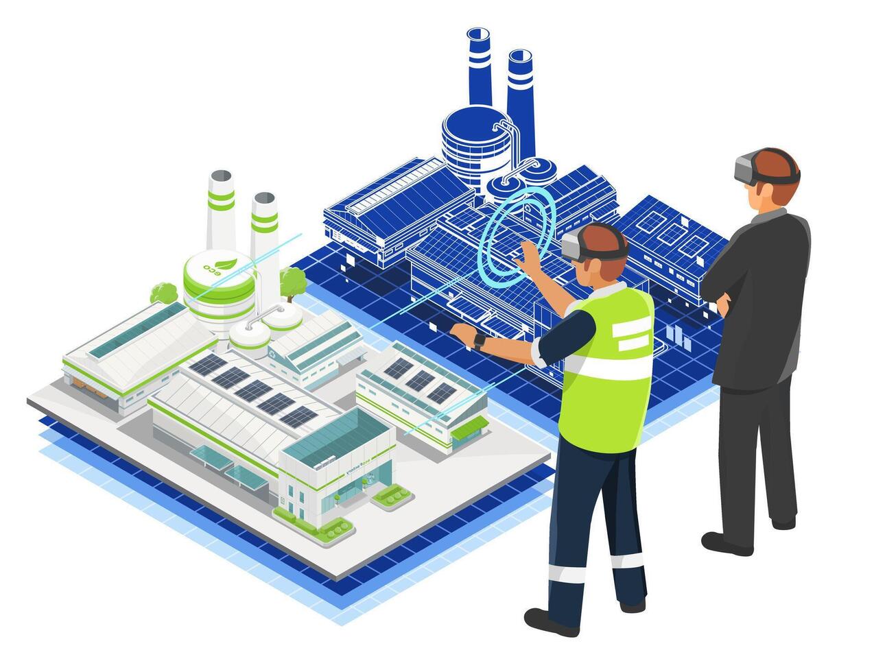 Engineers using virtual reality to interact with a digital twin model of a modern smart factory for industrial monitoring and simulation purposes vector