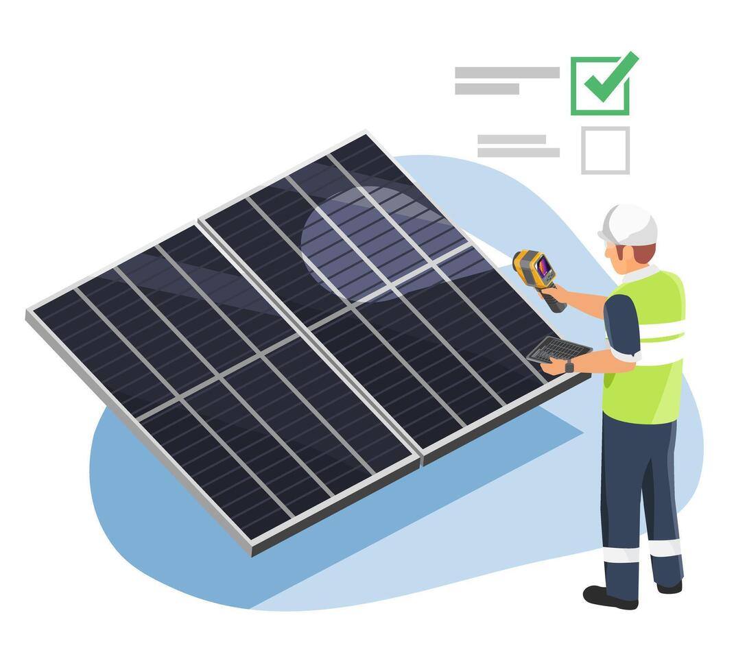 Engineer inspecting solar panels using a handheld thermal camera to detect hotspots and ensure optimal performance in a renewable energy system isometric vector