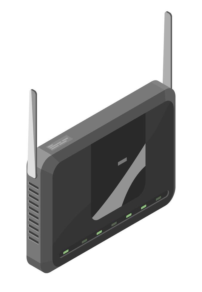 isometric wireless WiFi router with dual antennas and LED indicator lights designed for high speed internet connection in modern smart homes and offices vector