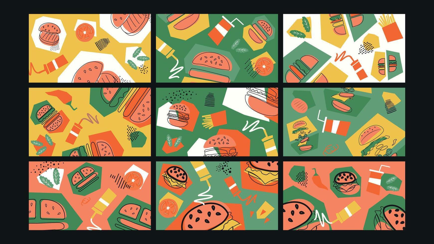 Burger and Fast Food Doodle Background Set vector