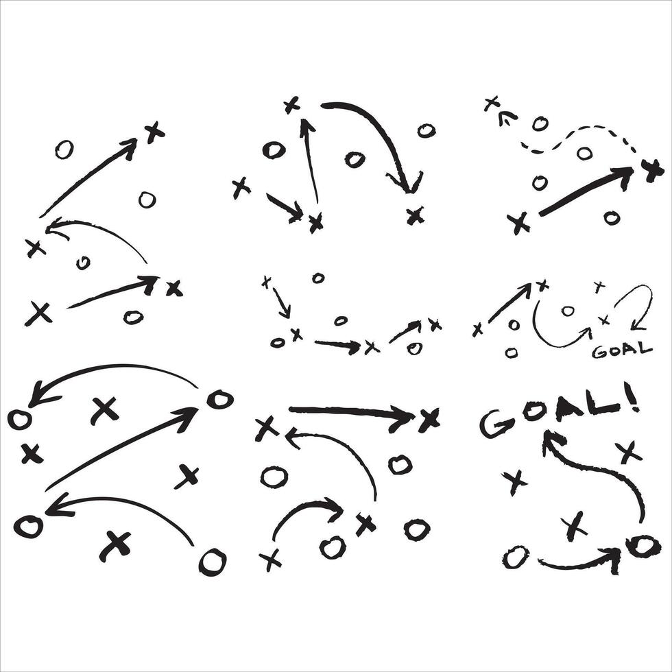 Hand-drawn sports tactic layout with player positions and arrows. Set of Strategy diagram for teamwork. vector