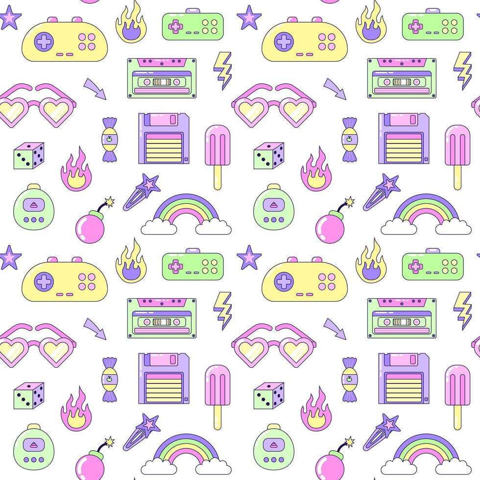 Seamless pattern with vintage Multicolored elements on white background. Retro illustration with outline in 90s style. illustration. vector
