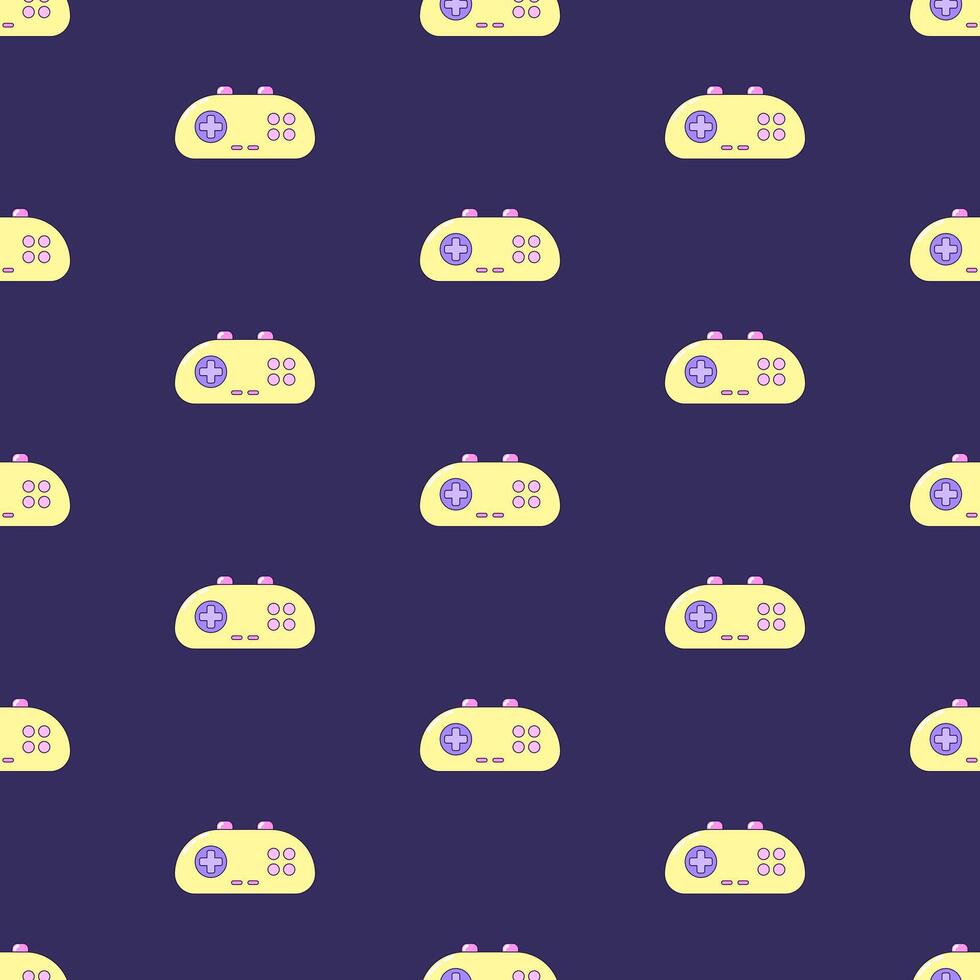 Seamless pattern with audio cassette and game pad. Multicolored elements on dark background. Retro illustration with outline in 90s style. illustration. vector