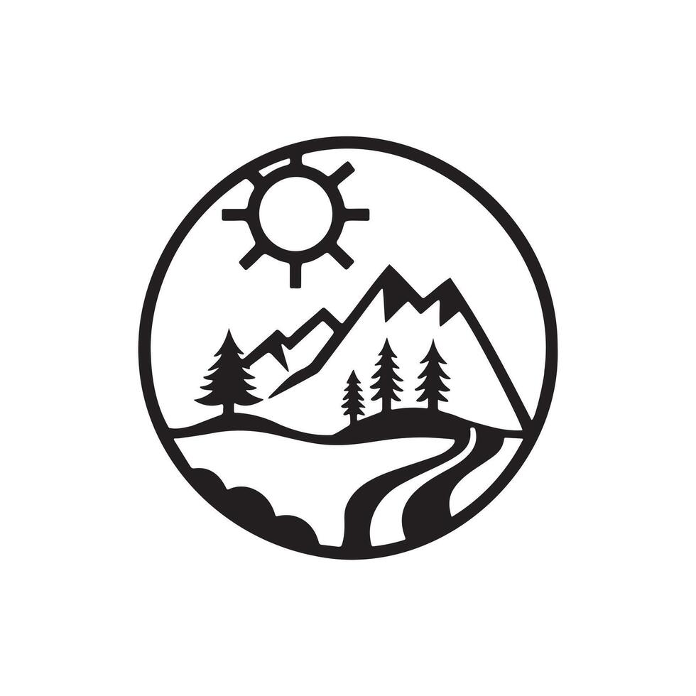 Mountain with sun and trees Icon for Web and Graphic Design on white background vector