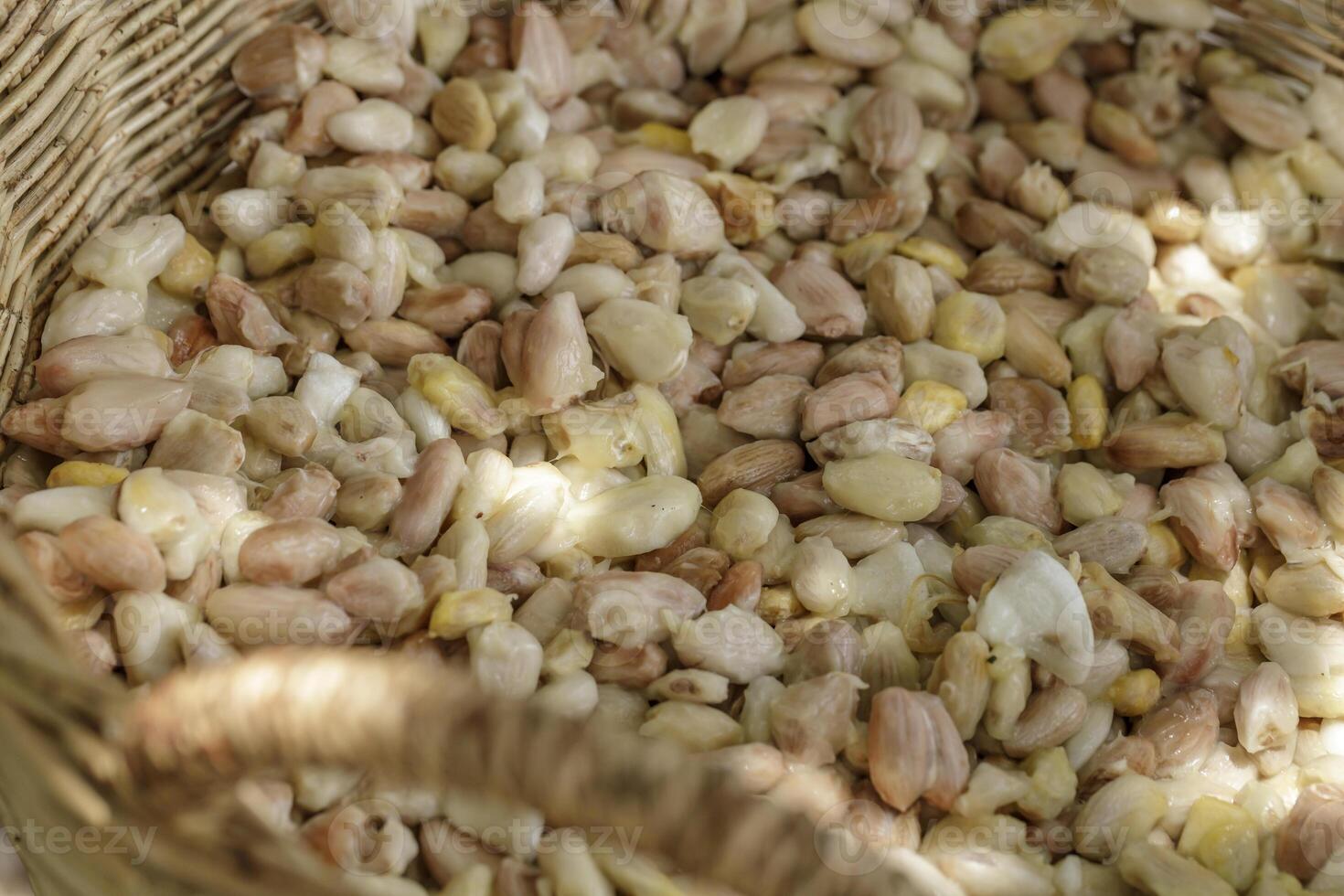 Fresh cocoa beans that have been removed from the pods photo