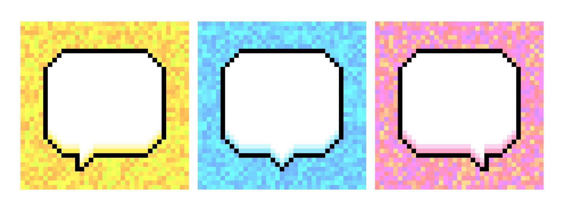Set of blank pixel art speech bubbles on colorful pixel backgrounds in 8-bit style. illustration vector