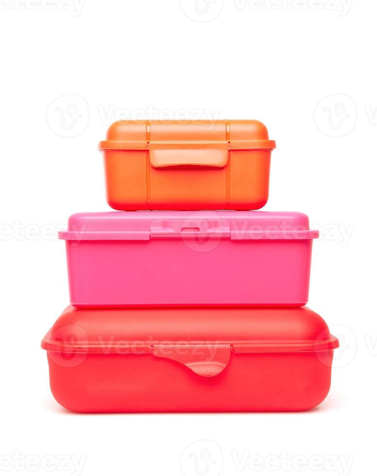 Set of plastic lunch boxes on white photo