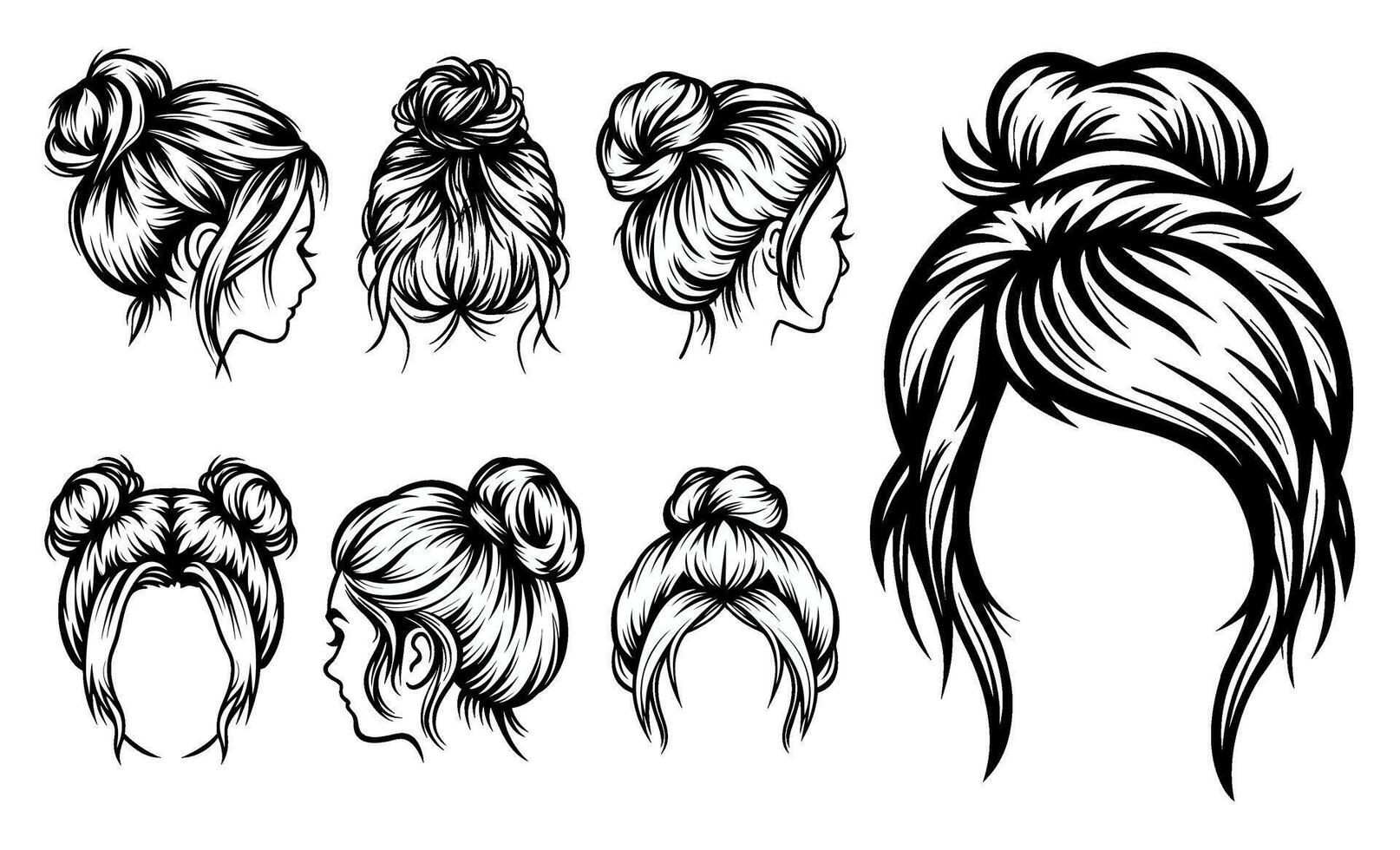 Collection of different black and white messy bun graphics vector