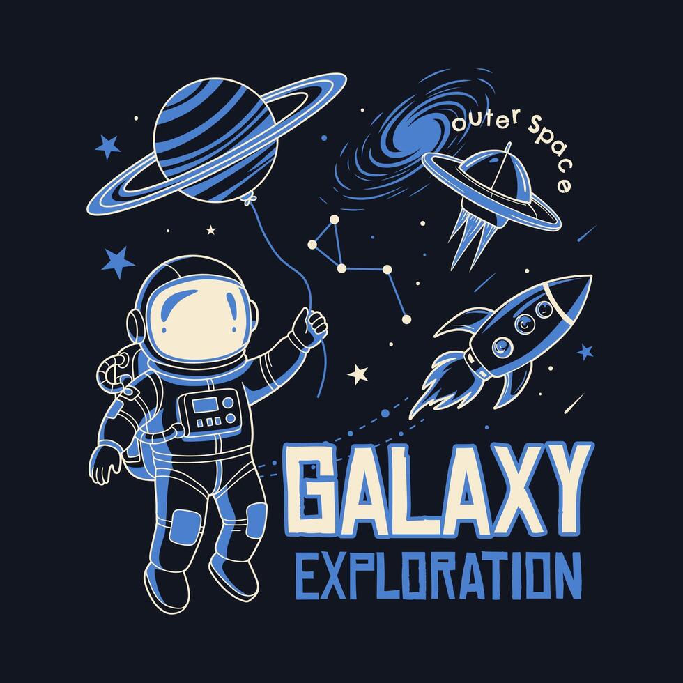 Playful cartoon astronaut holding a Saturn balloon, with a rocket and UFO in space vector