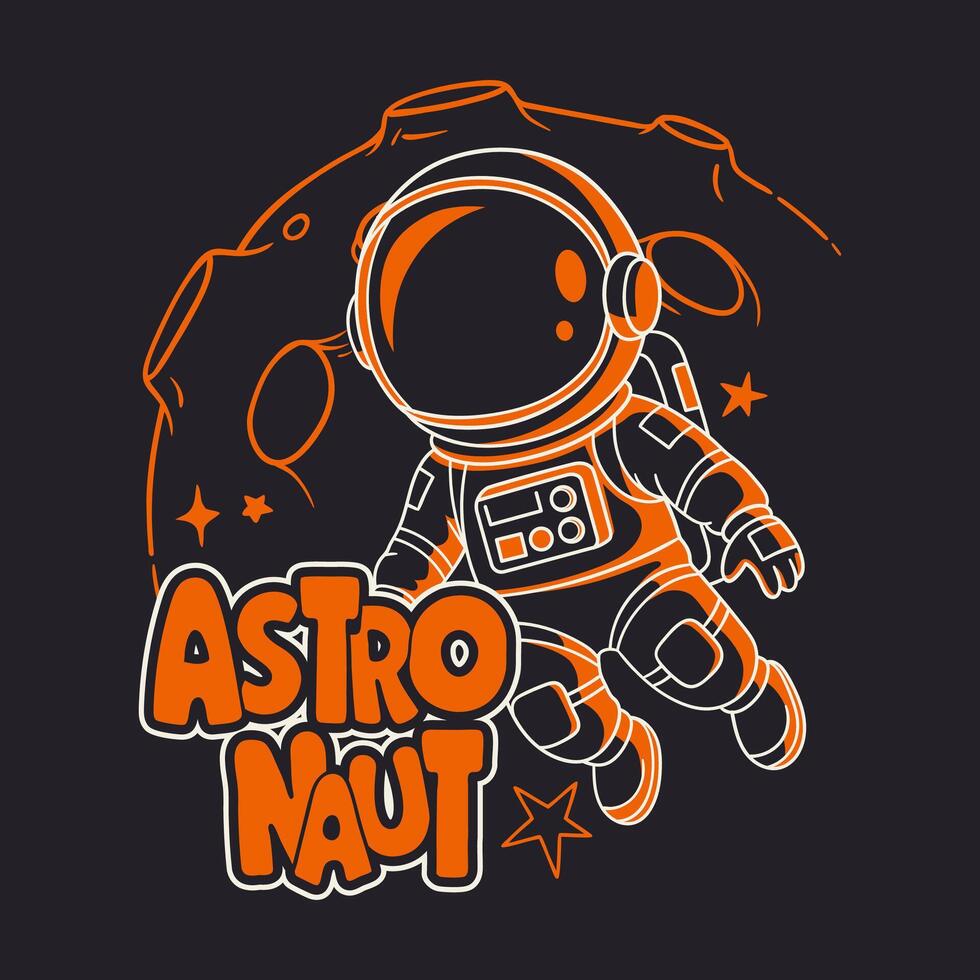 Stylized outline illustration of an astronaut in space with a moon background vector