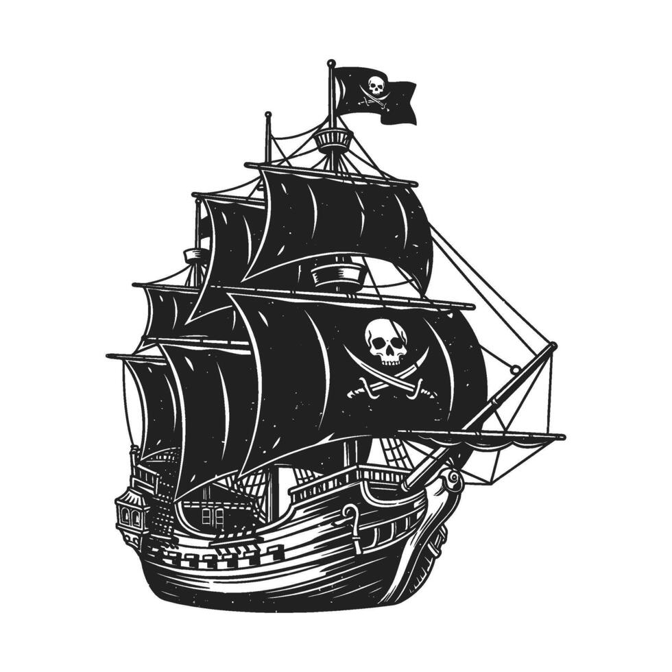 Classic pirate ship illustration with billowing sails and a Jolly Roger flag vector