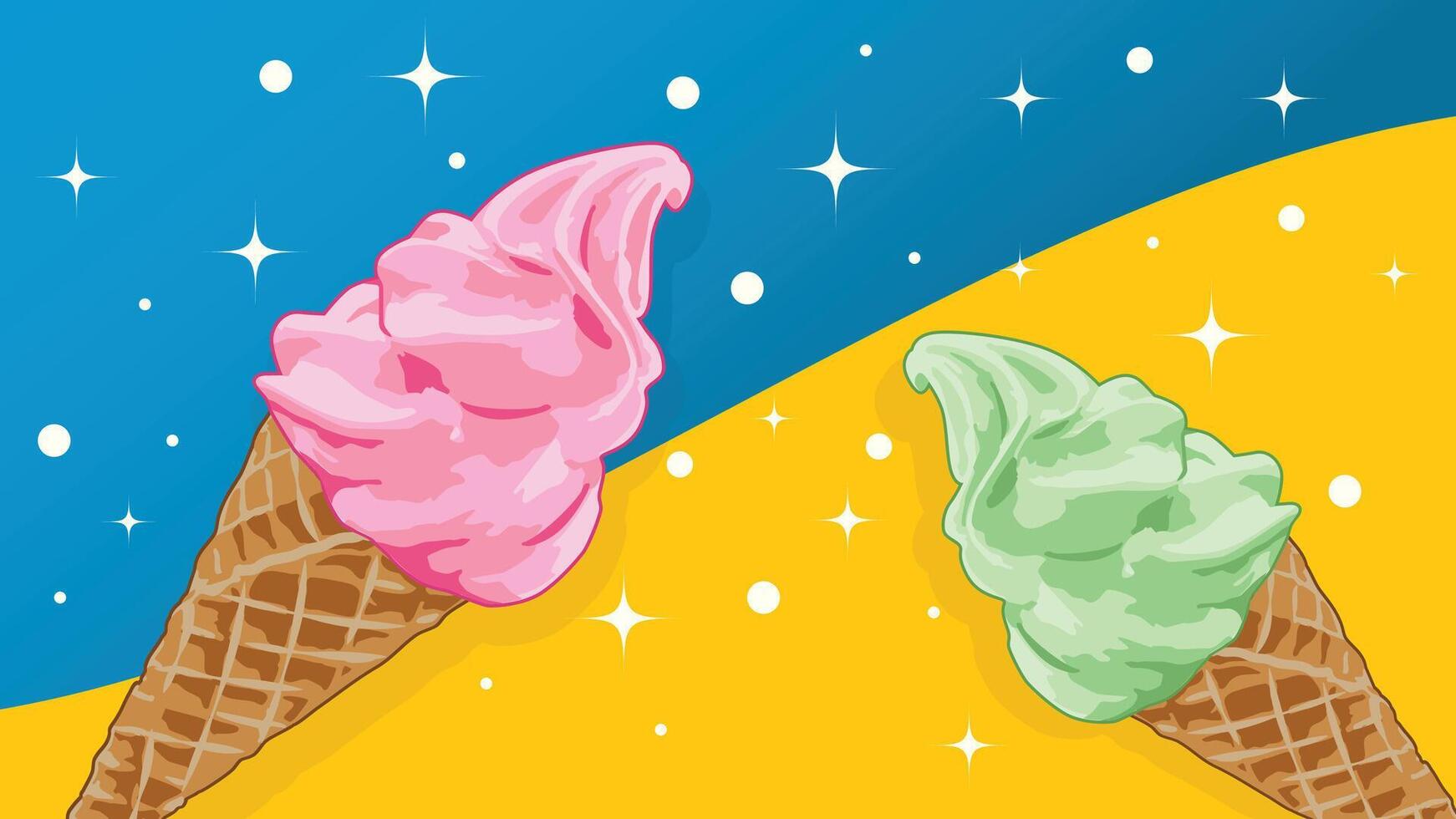 Pink and green ice cream cone on blue and orange background vector