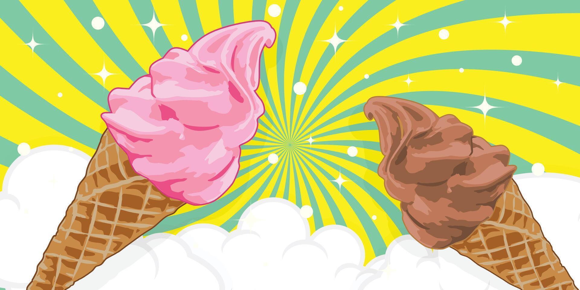 Strawberry and chocolate ice cream cone with spiral and cloud pattern background vector