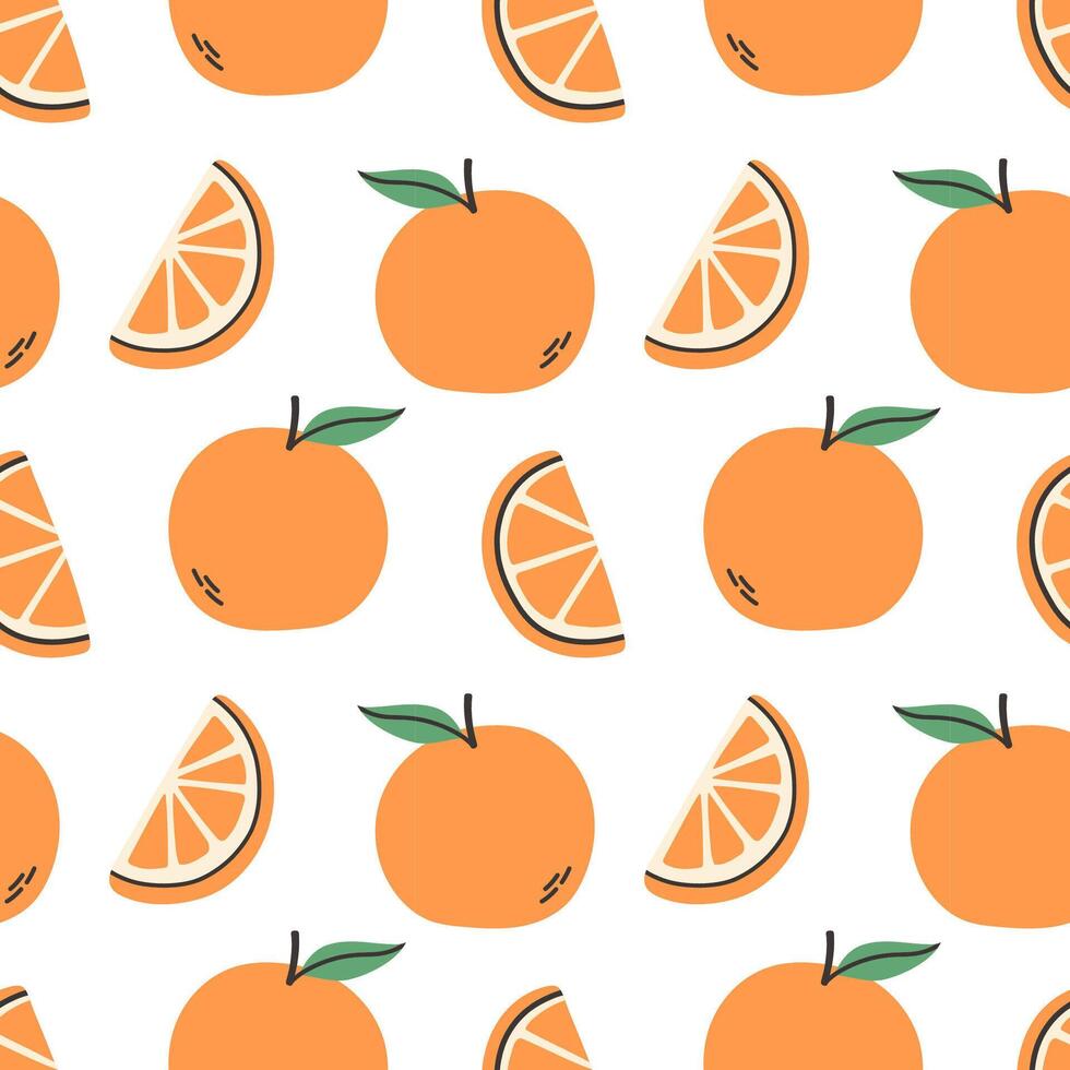 Orange summer pattern on white background. Simple seamless pattern with oranges and slices. design for greeting card and invitation of seasonal summer holiday vector