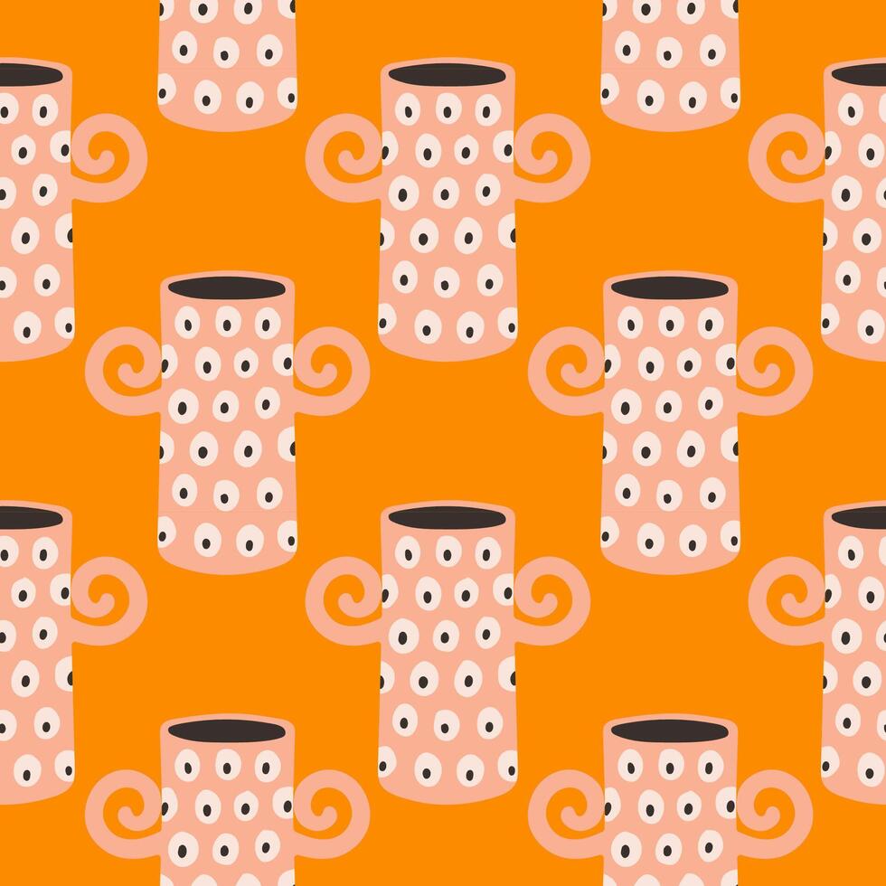 seamless pattern of ceramic vase with abstract design. Cartoon illustration isolated on an orange background. vector