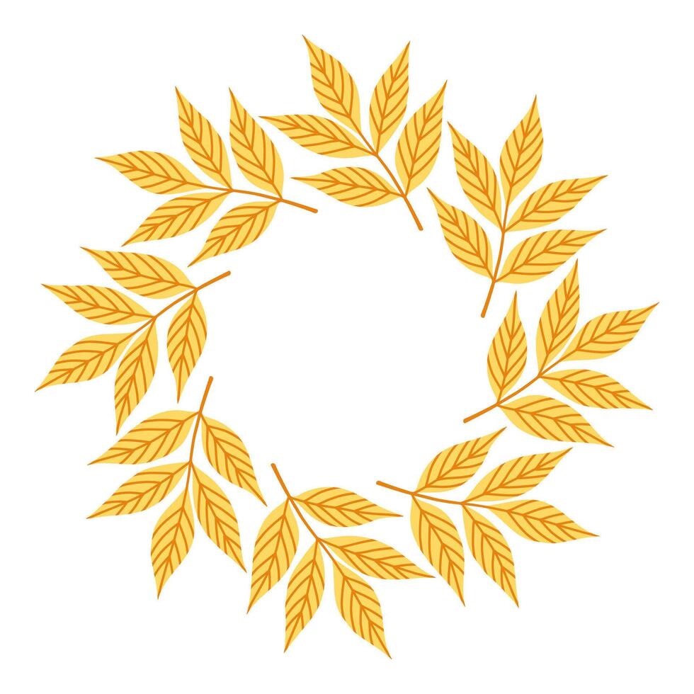 Simple yellow ash branch circle frame. Cute wreath border of autumn leaves. Hello fall. seasonal illustration. Template for poster, postcard. vector