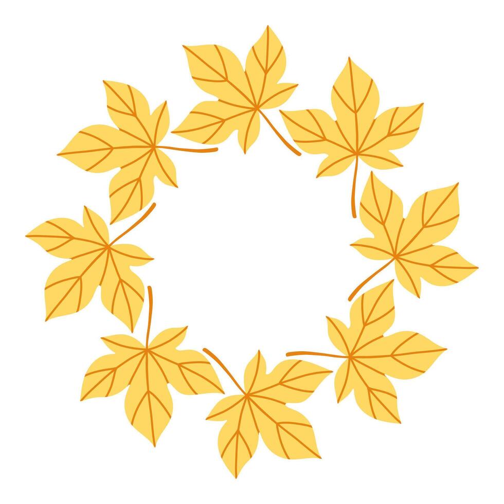 Simple yellow maple leaf circle frame. Cute wreath border of autumn leaves. Hello fall. seasonal illustration. Template for poster, postcard. vector