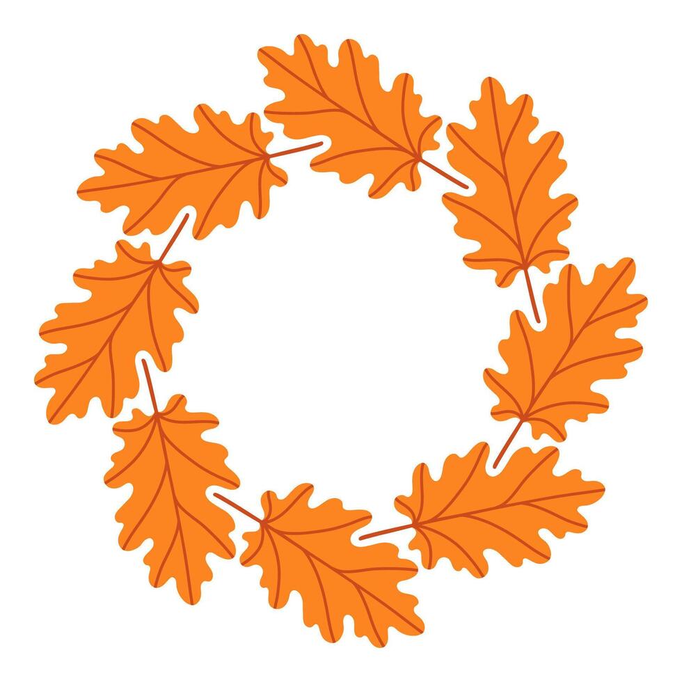 Simple orange oak leaf circle frame. Cute wreath border of autumn leaves. Hello fall. seasonal illustration. Template for poster, postcard. vector