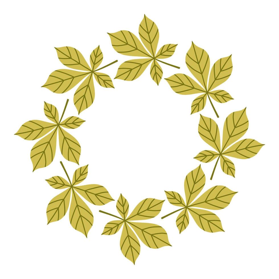 Simple green chestnut leaf circle frame. Cute wreath border of autumn leaves. Hello fall. seasonal illustration. Template for poster, postcard. vector