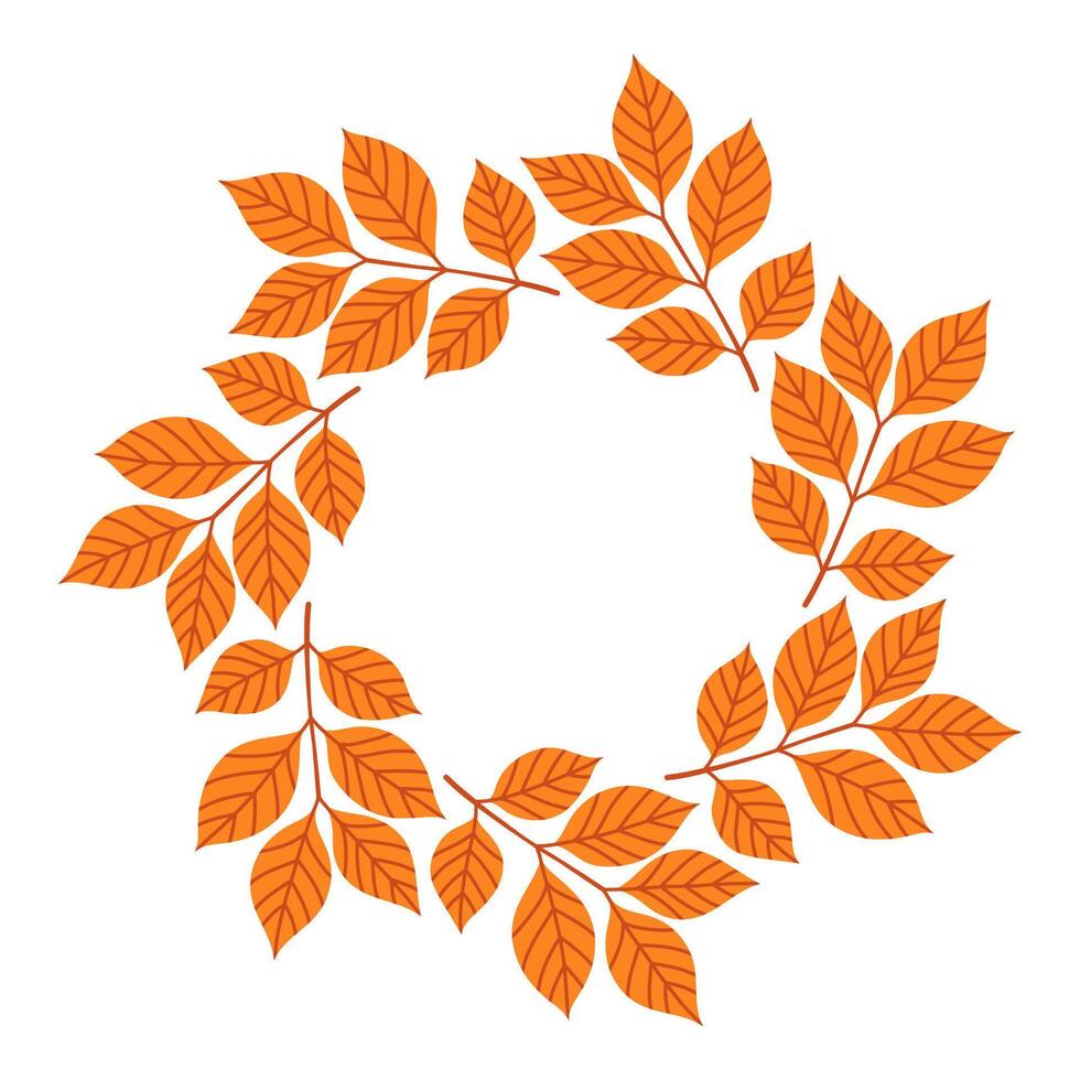 Simple orange red ash branch circle frame. Cute wreath border of autumn leaves. Hello fall. seasonal illustration. Template for poster, postcard. vector