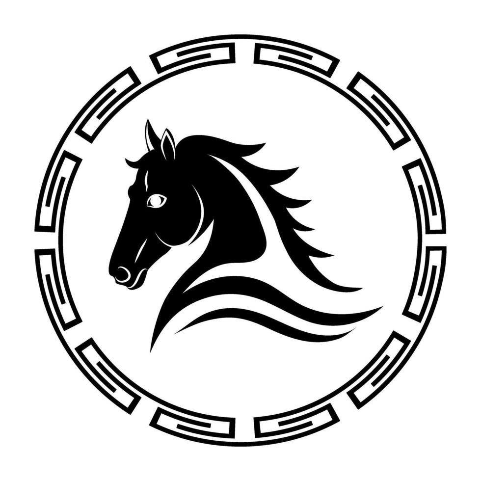 black horse head in Asian ornamental frame on transparent background. Minimalist zodiac symbol for Year of the Horse, Chinese New Year design, prints, emblems and festive decorations. vector