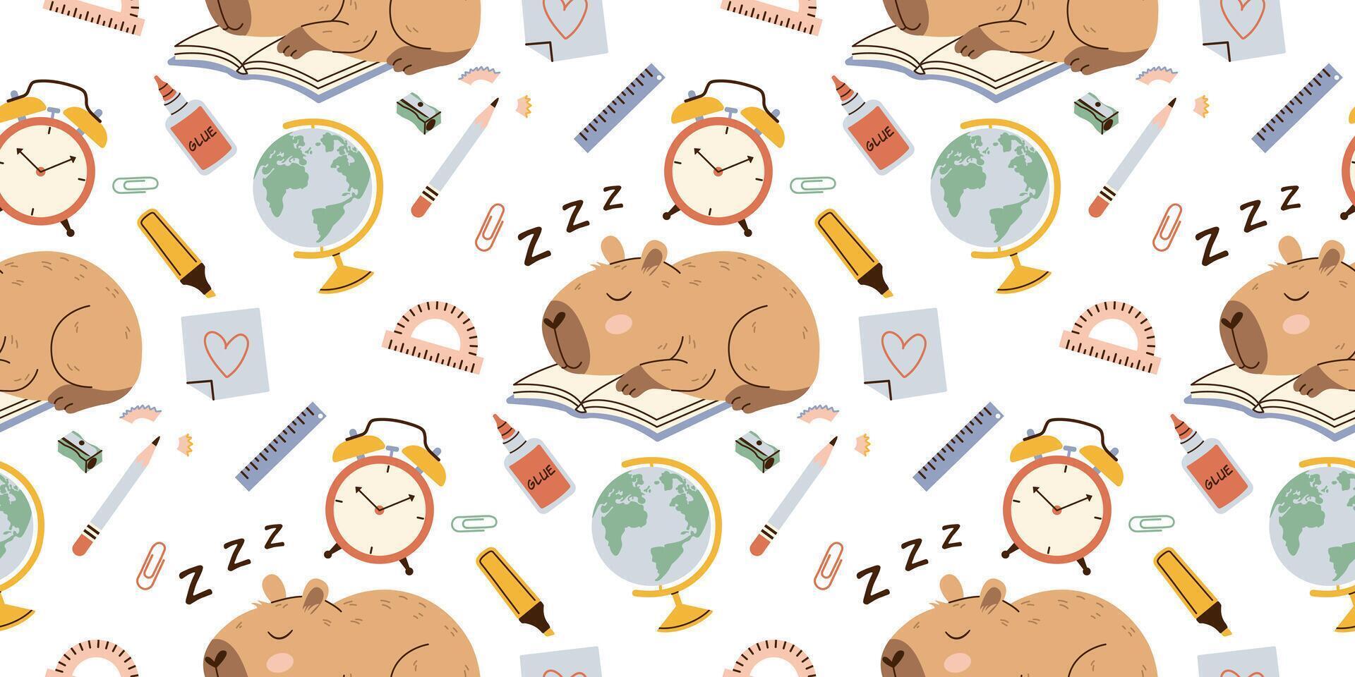 Seamless back to school pattern with cute sleeping capybaras, stationery and books in doodle style. Soft pastel and neutral colors. Perfect for childrens textiles, wrapping paper, and school supplies. vector