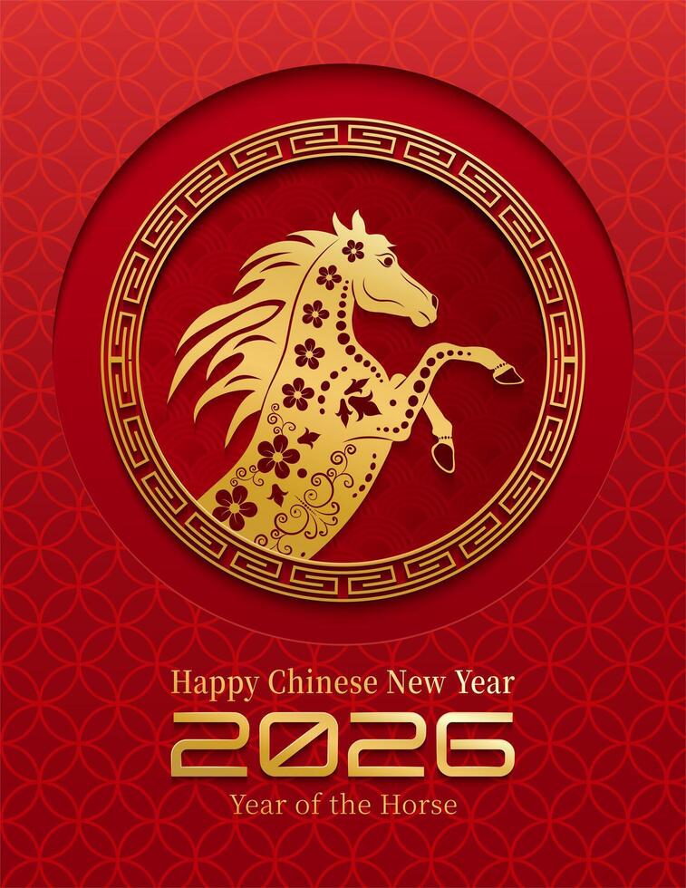 Elegant Chinese New Year 2026 poster with golden horse, paper cut style, floral ornaments, and red festive background. Perfect for greeting cards, invitations, wall art, and seasonal design projects. vector