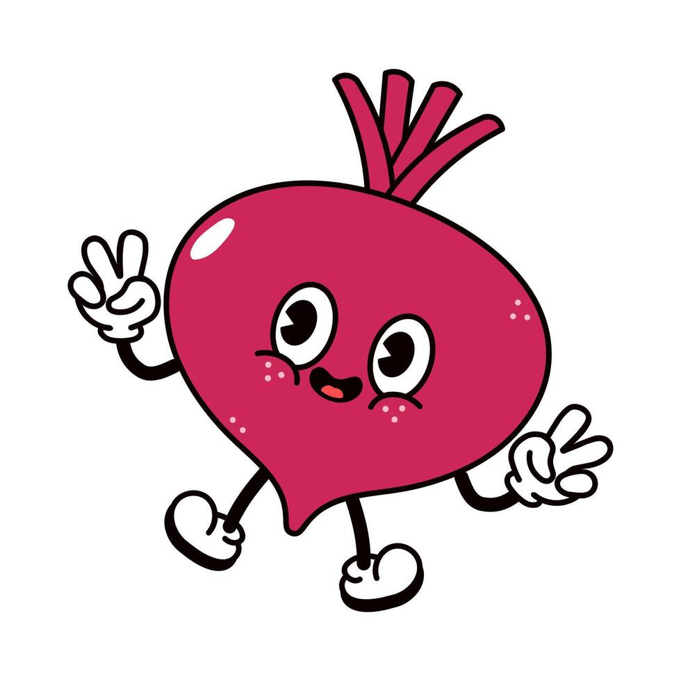 This cute Beetroot character is making a peace sign while smiling happily. vector