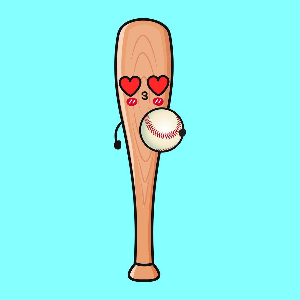 An adorable cartoon Baseball Bat with heart eyes happily holding a baseball in a bright setting. vector