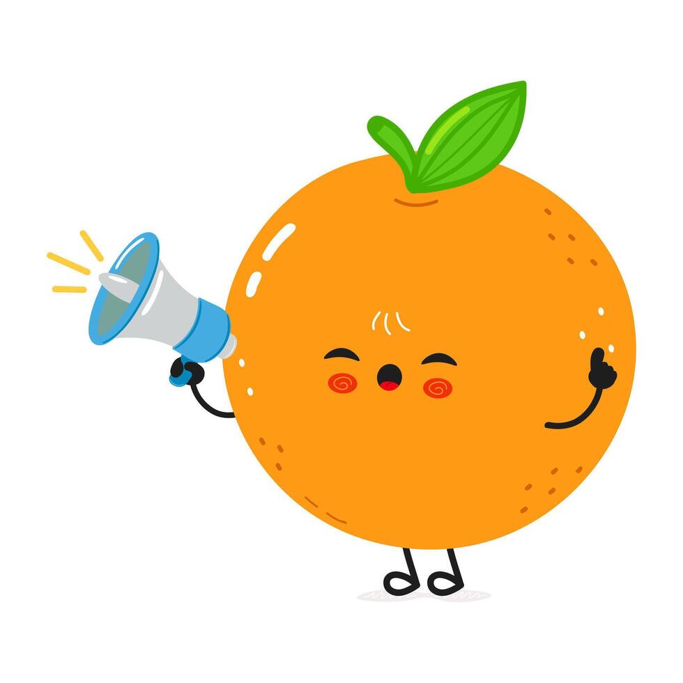 Cheerful cartoon orange character announcing something through a megaphone. vector