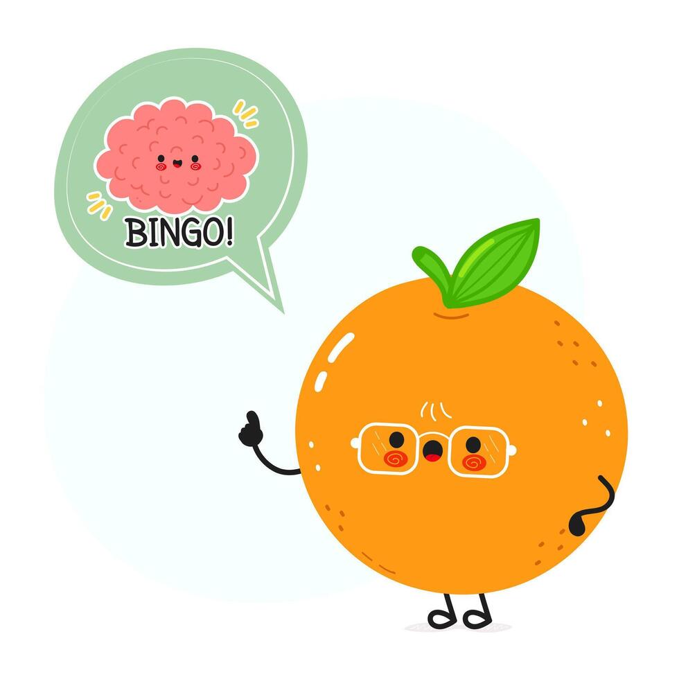 A funny cartoon Orange character has a clever idea, illustrated with a Bingo thought bubble. vector
