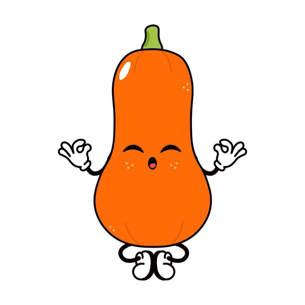 A cute Butternut Squash character meditates in the yoga pose, feeling peaceful and serene. vector