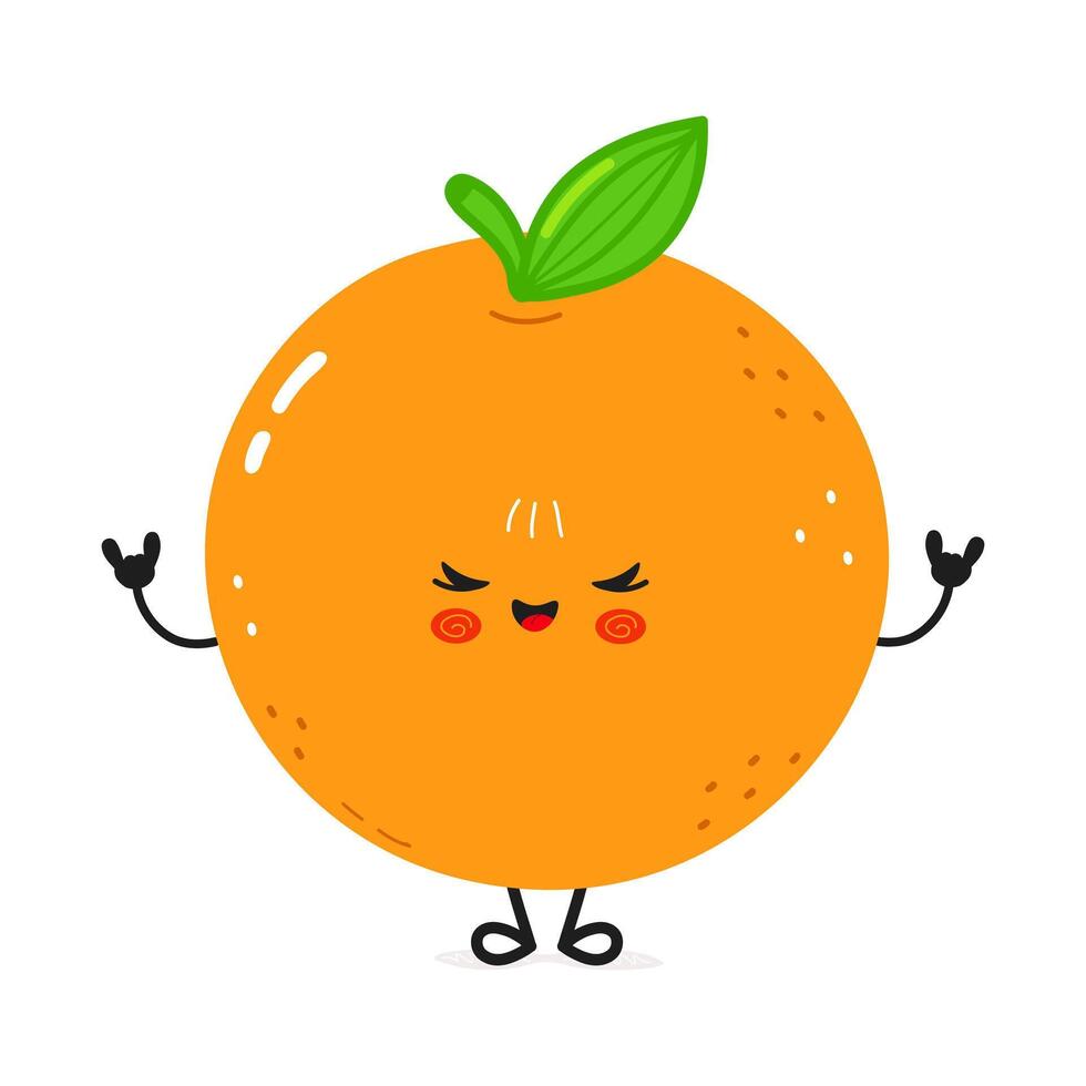 A cute cartoon Orange is happy and doing a rock-and-roll hand gesture. vector