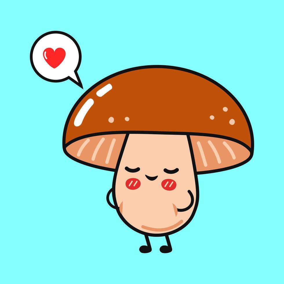 Cute Mushroom falling in love with heart shaped thought bubble on light blue background vector