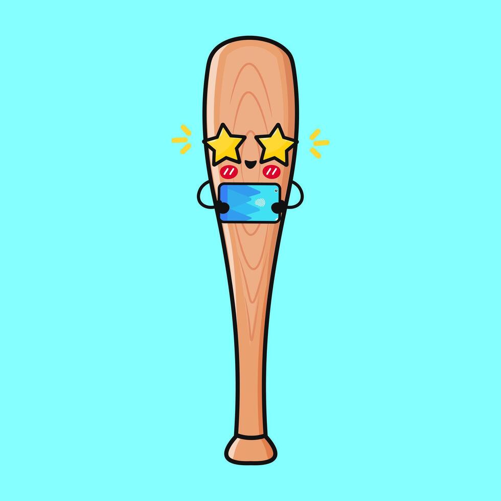 Funny Baseball Bat character using smartphone and wearing star-shaped sunglasses, watching videos and having fun vector