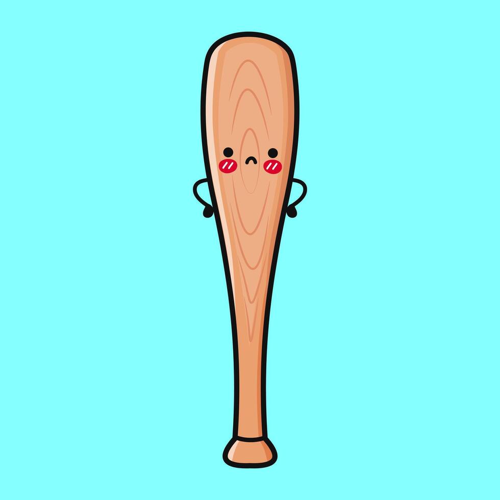 A sad and adorable cartoon Baseball Bat character stands against a bright, blue background. vector