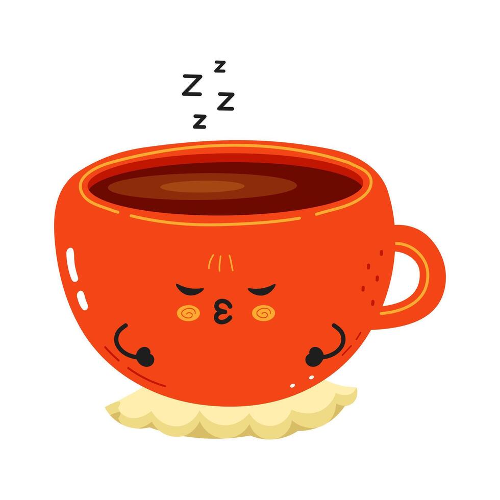 Cute cartoon Coffee Cup character sleeping, resting on a napkin, ideal for breakfast, coffee shop, and cafe related designs vector