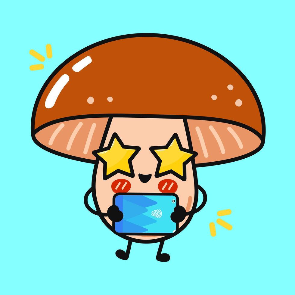 Cheerful Mushroom character grasping tablet, sporting star-shaped eyes, delivering playful cartoon charm for kid-friendly design projects vector